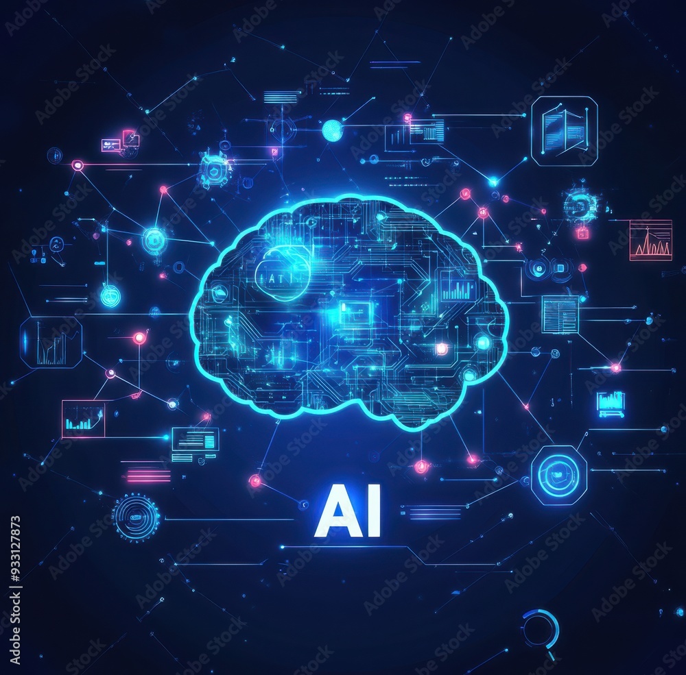 Poster digital illustration of ai brain surrounded by technology connections depicting artificial intellige