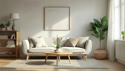 Fototapeta premium modern living room with sofa, empty mockup frame on the wall