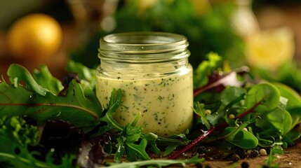 A jar of salad dressing sits atop a pile of fresh greens, ready for use in your favorite recipes