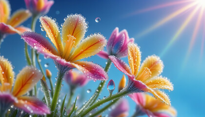 Gradient flowers with water droplets on the background of the sky