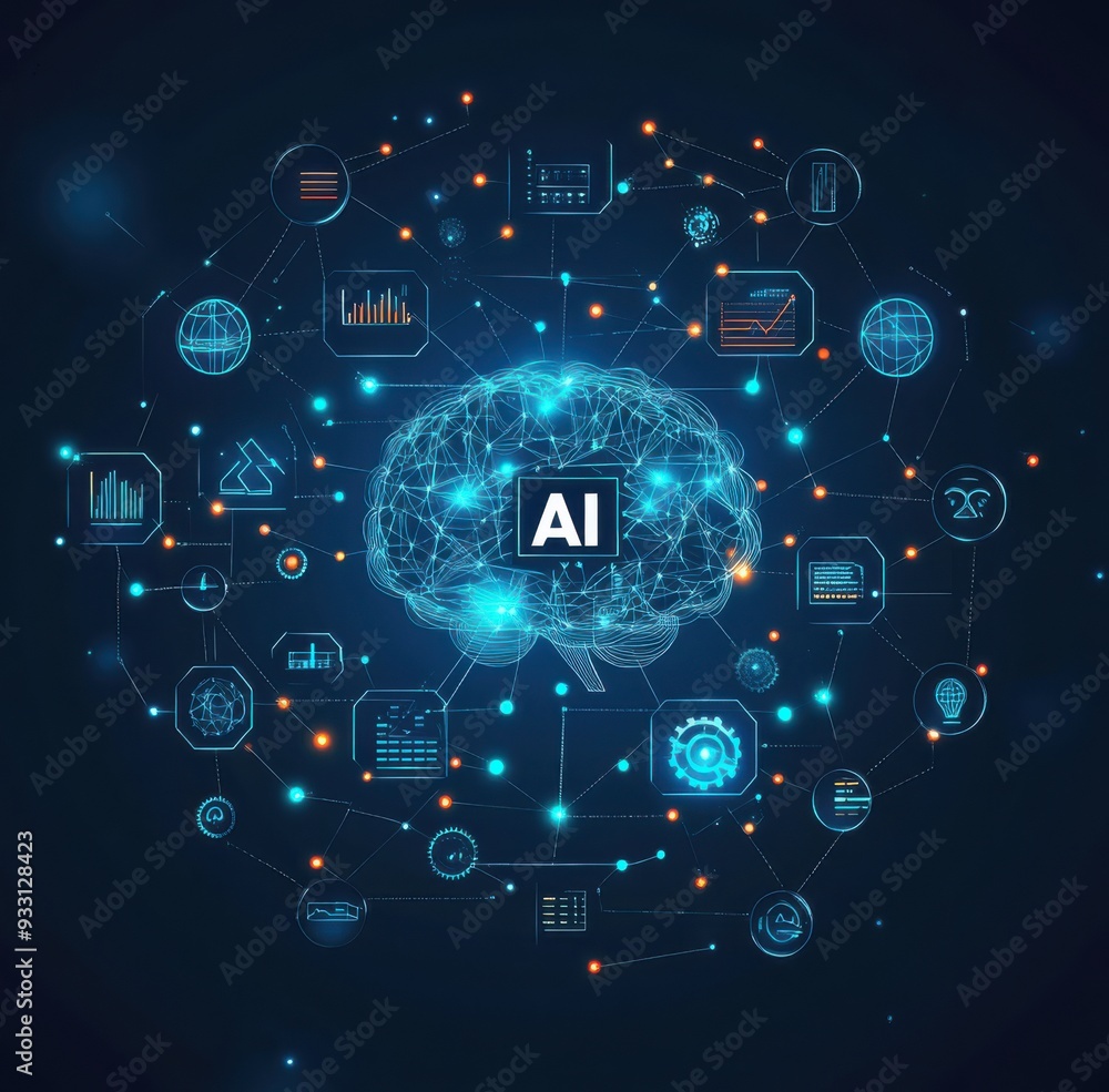 Poster digital illustration of an ai brain surrounded by technology icons and data graphs depicting artific