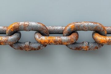 Fototapeta premium A rusted metal chain, isolated on a pastel gray background, representing the decay and weakening of materials,
