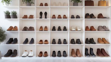 "Shelves neatly organized with shoes lined up in rows. The collection displays a variety of footwear, showcasing an orderly and systematic arrangement perfect for highlighting shoe storage solutions 