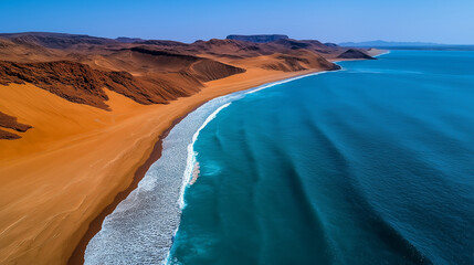 Aerial view of Namibian desert meeting ocean 