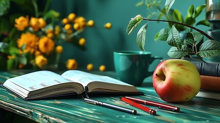 A close-up view of a teacher’s desk with an open grade book, a few red pens, a polished apple, and a cup of coffee, soft natural light highlighting the details,