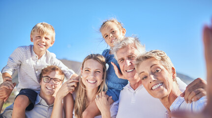 Portrait, selfie and big family for summer holiday, vacation and travel adventure. Happy children,...