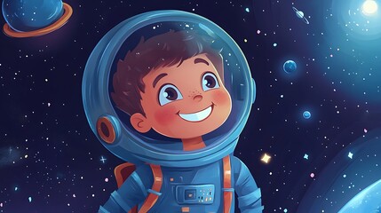 A young astronaut in a blue spacesuit looks up at the stars in awe, with a planet and stars in the background.
