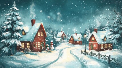 Fototapeta premium Watercolor city houses on a vintage Christmas card, cute fairytale houses on a retro card or invitation for New Year or Christmas