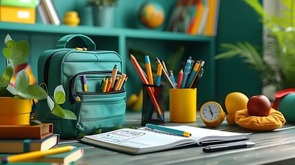 A creative workspace featuring an open bullet journal filled with vibrant plans and designs, surrounded by colorful pens, stickers, and highlighters, the scene brightly lit by natural sunlight,