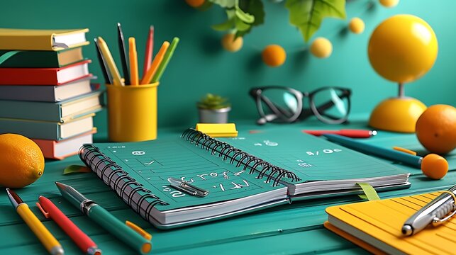 A creative workspace featuring an open bullet journal filled with vibrant plans and designs, surrounded by colorful pens, stickers, and highlighters, the scene brightly lit by natural sunlight,