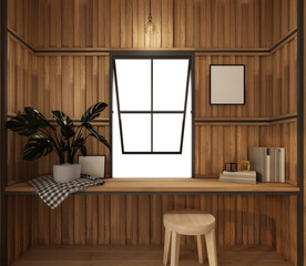 3d rendering cafe interior relax area with wood wall decorated and wood chair with wood table,book,vase,plant.