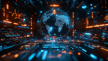 3D hologram of a global network, highlighting data flow and business connections in a modern analysis setting.