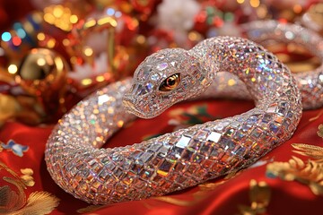 Fototapeta premium A snake made of crystals and beads is on a red cloth