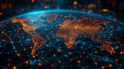 Business hologram showing an intricate global network with detailed connection paths and data analytics.