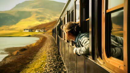 Person Leaning Out Train Window Admiring Scenery During a Curved Journey