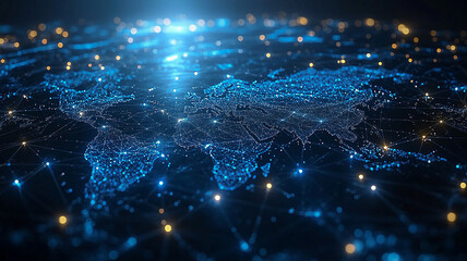 Holographic representation of a global network, highlighting business connections and detailed analysis in high resolution.