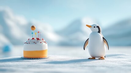 A festive birthday scene with a penguin and a tiny cake on an ice floe.