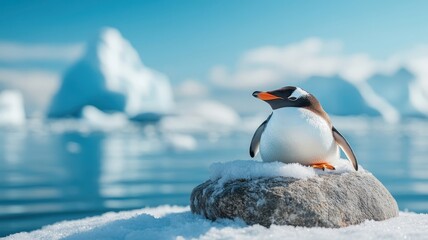 Fototapeta premium A penguin peacefully resting under a snow-covered rock on the ice.