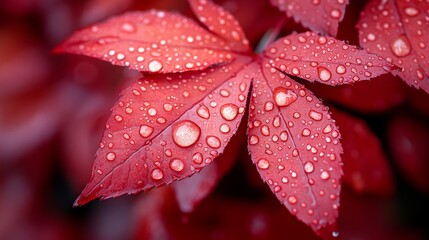 Close up of a vibrant red maple leaf adorned with raindrops on a wet autumn day