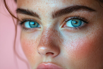 Obraz premium A pair of tired eyes, isolated on a pastel pink background, symbolizing the habit of staying up too late,