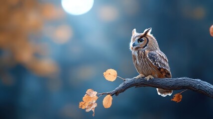 An owl perched on a gnarled branch under a full moon, with feathers illuminated by moonlight and a mysterious forest backdrop.