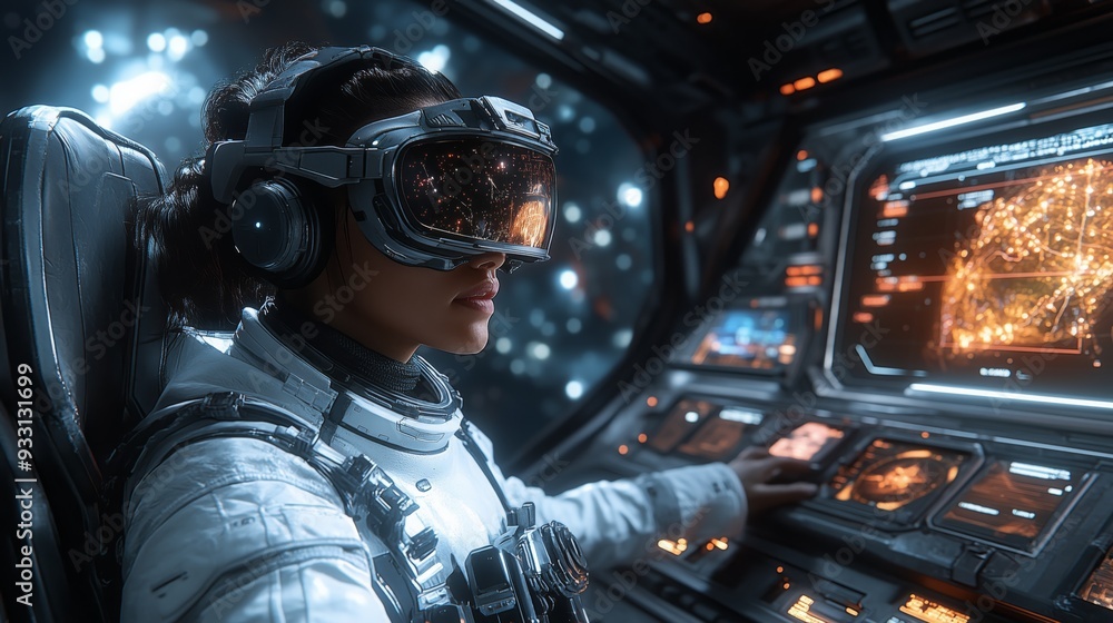 Poster a person experiences an immersive virtual reality adventure in a high-tech cockpit, surrounded by ca