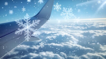View from an airplane wing on a clear, winter day, sky with a cool, icy blue tone and delicate clouds, a frosty gift box with snowflake designs floating against the backdrop, sunlight reflecting off
