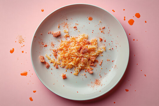 A dirty plate with leftover food, isolated on a pastel pink background, symbolizing the habit of not cleaning up after meals,