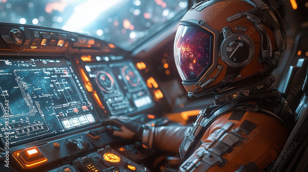 Poster a person enjoys a virtual reality experience while seated inside a futuristic truck set in a digital