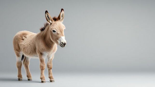 Professionally lit studio shot of a donkey, with soft lighting highlighting its unique features and detailed fur against a clean backdrop.