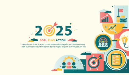 2025 new year goal plan action with target icons, Business plan, financial plan and strategies. Annual plan and development for achieving goal, achievement and success in 2024. Vector illustrator set.