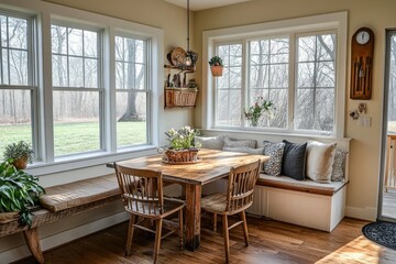 Charming breakfast nook with built-in bench seating, wooden table, and large windows overlooking a serene backyard with bare trees