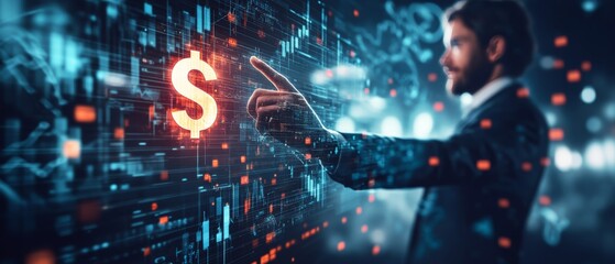 Digital Finance, Man Interacting with a Dollar Sign on a Futuristic Screen.