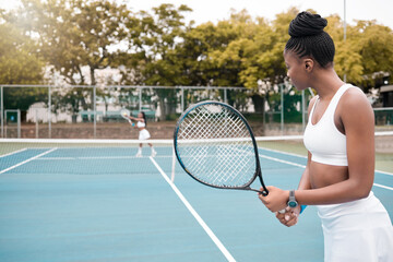 Tennis, competition and black woman back with outdoor sports, court game and training for workout. Wellness, exercise and cardio energy with athlete, hobby or fitness practice for health tournament