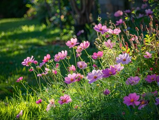Fototapeta premium 2. Blooming cosmos flowers in a garden, rich and vivid colors, delicate petals, surrounded by lush greenery, gentle sunlight casting soft shadows, tranquil and picturesque scene, high resolution, 16k