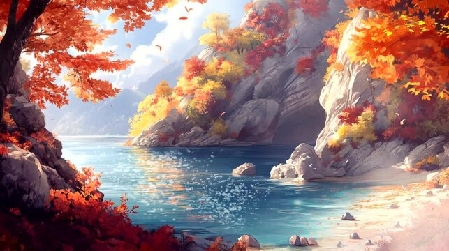A secluded cove surrounded by cliffs covered in vibrant autumn leaves. Autumn concept, anime illustration style, looping 4k video animation background