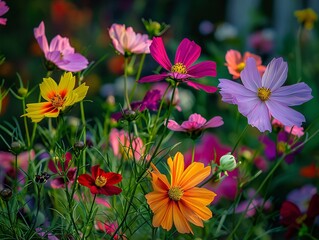 4. Cosmos flowers in full bloom in a garden setting, vibrant and colorful petals, lush green leaves, bright and sunny day, calm and serene environment, high resolution, 16k resolution, high dynamic