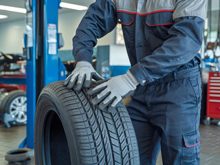 A mechanic changing tires in an automotive service center