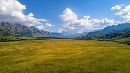 Scenic mountain landscape with golden grass in a valley under a bright blue sky