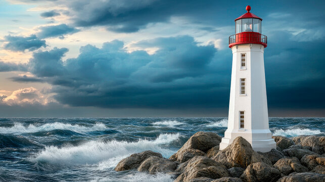 A white lighthouse on rocks in the rough sea under a dark stormy sky.