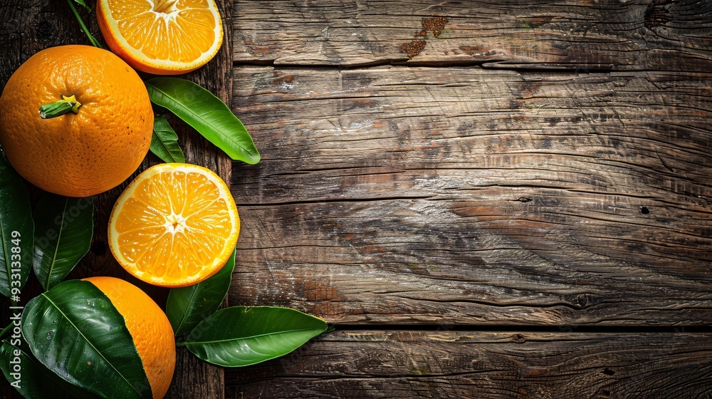 Wall mural 2. oranges and fresh green leaves arranged in the corner, on an aged brown wooden table, nature-insp