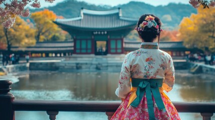 Obraz premium Woman in Traditional Korean Dress Admires a Tranquil Garden