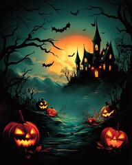 Haunted House with Glowing Pumpkins and Bats, Spooky Halloween scene featuring a haunted house, glowing jack-o'-lanterns, flying bats, and a full moon illuminating the eerie night.
