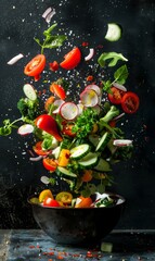Healthy summer salad with flying ingredients on rustic background