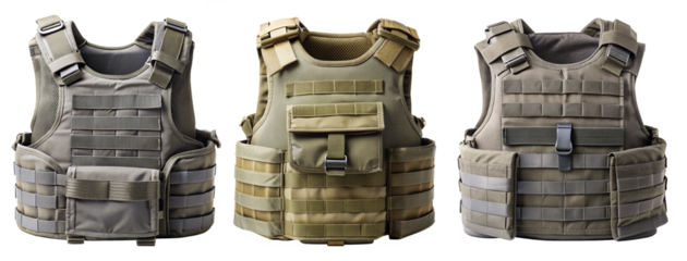 Set of body armor on a transparent background. Concept of defense, war, and military armor protection.