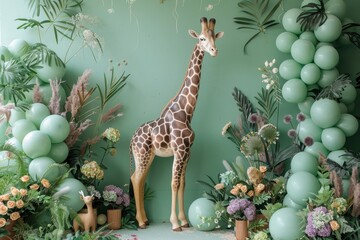 Fototapeta premium A giraffe stands in front of a green wall with balloons and flowers