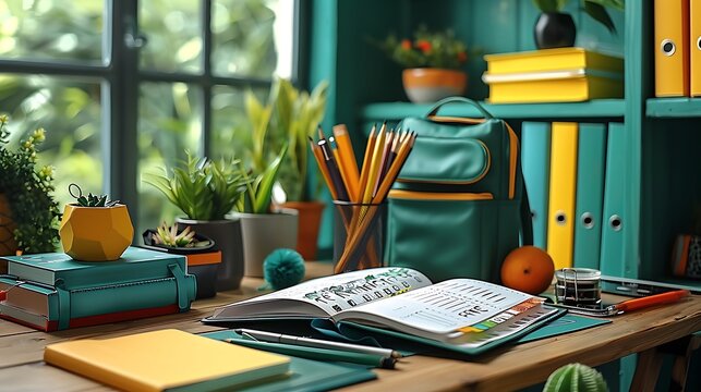 A neatly organized bullet journal open to a planning page, surrounded by colorful highlighters, stickers, and pens, all arranged on a wooden desk,