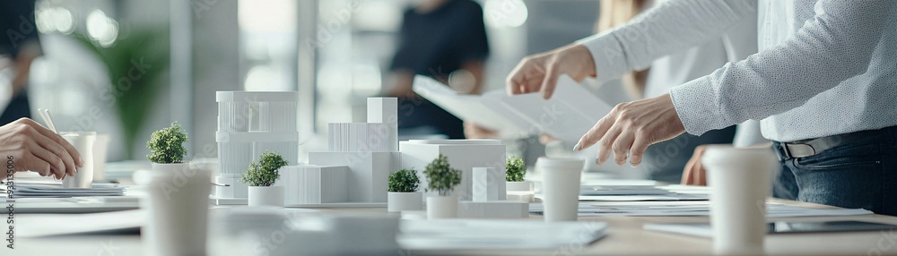 Poster a professional setting where a group of architects and environmentalists discuss sustainable develop