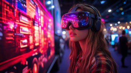 A person wearing VR glasses engages with colorful digital artwork in a lively exhibition, showcasing the future of technology and innovation.