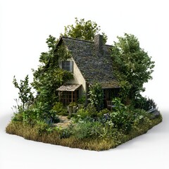 3D Render of a peaceful herbalist's cottage surrounded by medicinal plants, on isolated white background